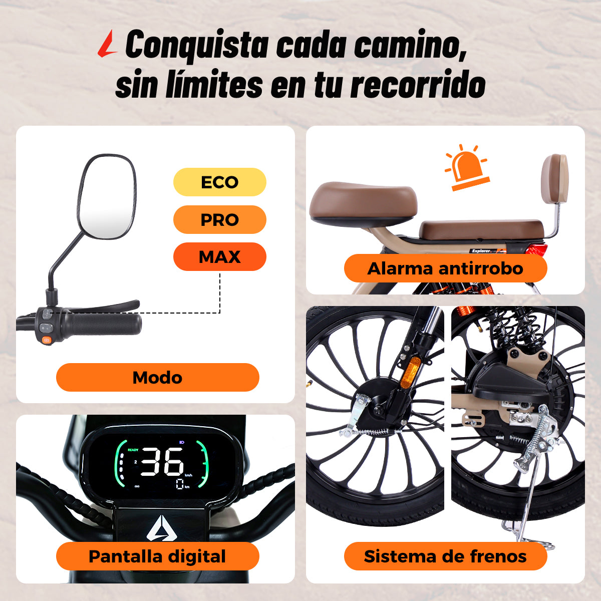 Alessia E-bike A06 Explorer Marrón, Conquista Terreno Difícil con Rueda Grande, Mayor Comodidad con Suspensión Mejorada, 500W, Autonomía 75km