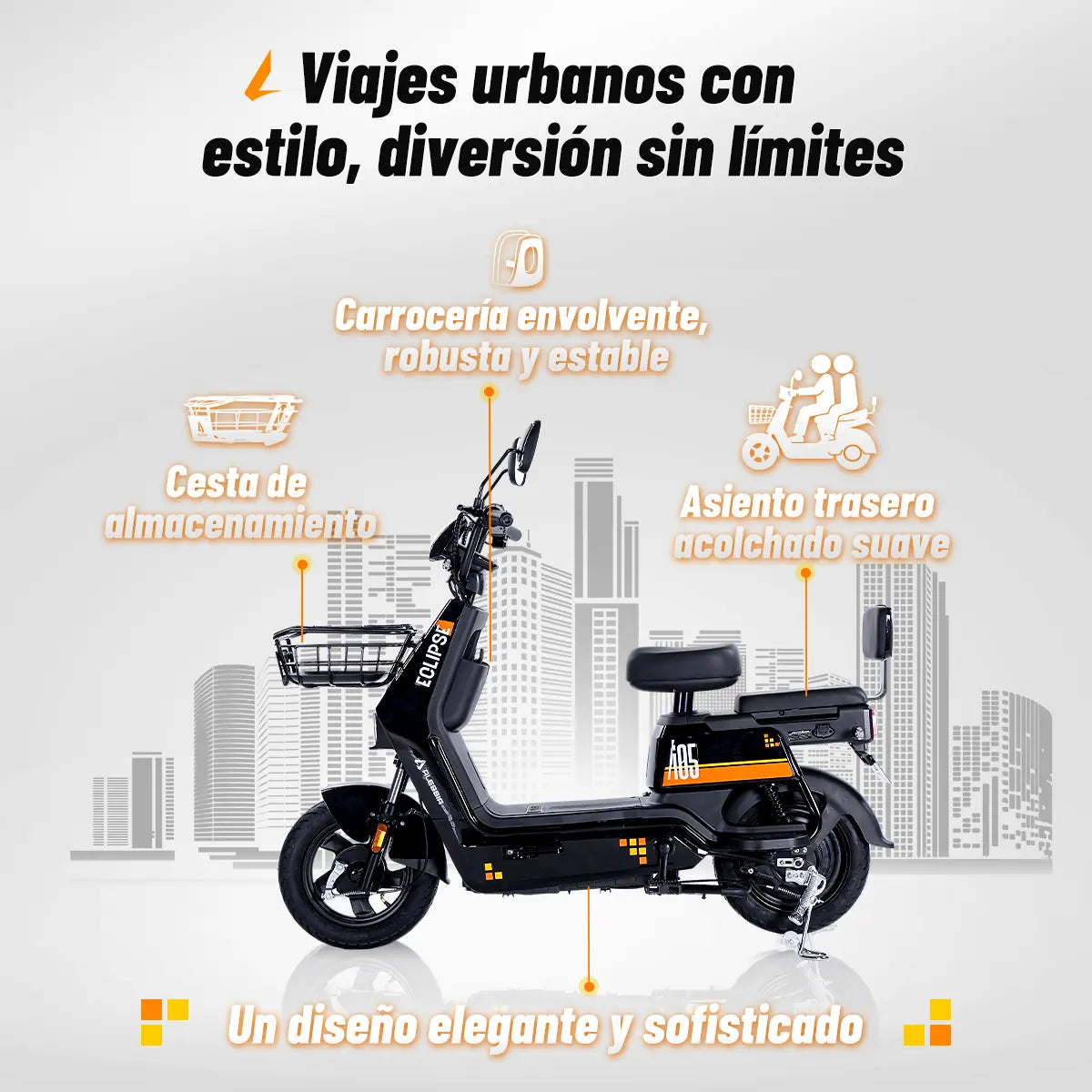 i05 Eclipse | Bicicleta Eléctrica Urbana 600W | Autonomía de 65km | Capacidad para 2 personas
