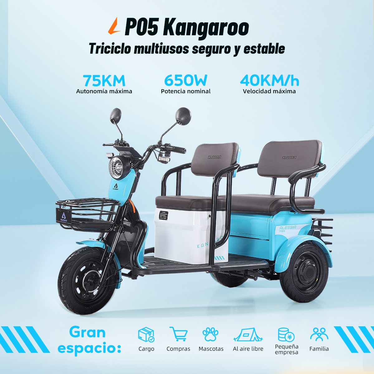 P05 Kangaroo moto eléctrica 3 ruedas  | Ideal para Ciudad, Movilidad para Adultos Mayores y Carga Ligera