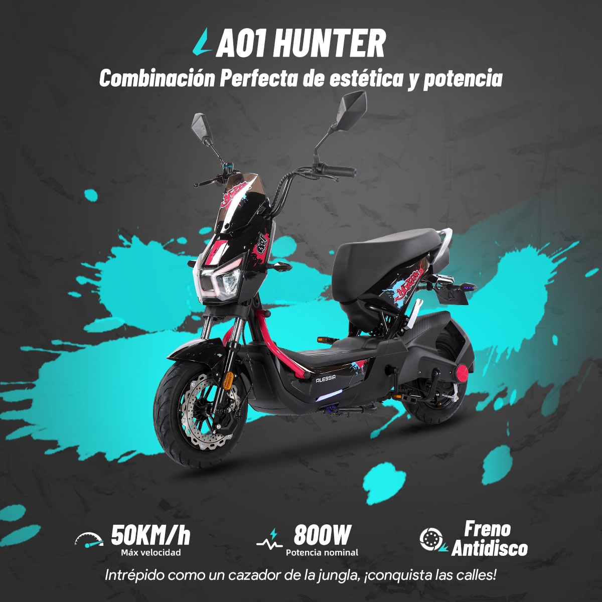 Bicicleta Eléctrica Hunter Pro, A01 Pro, Rosa, Con caja central, Diseño Estético, Potencia Potente, Autonomía 75km, Suspensión Mejorada, Conducción Cómoda y Segura